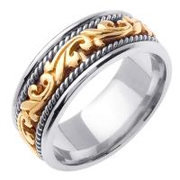 14KT WEDDING RING WHITE GOLD WITH YELLOW SCROLL DESIGN 9MM