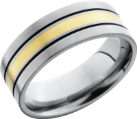 Titanium 8mm flat band with an inlay of 14K yellow gold and Cerakote filled grooves on either side