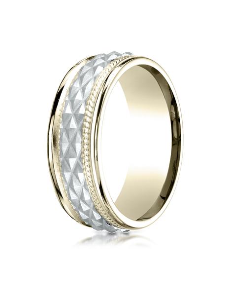 14K White And Yellow 8mm Comfort Fit Round Edge Cross Hatch Patterned Band