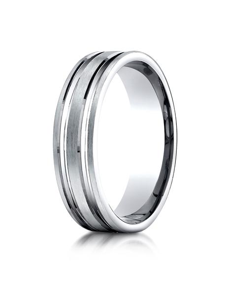 White Gold 6mm Comfort-Fit Satin-Finished with Parallel Grooves Carved Design Band