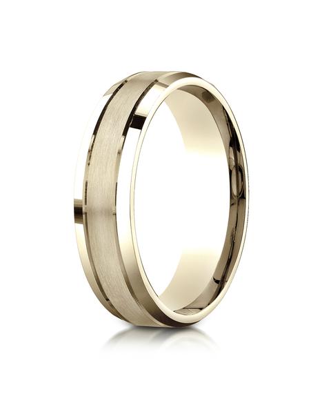Yellow Gold 6mm Comfort Fit Satin Finished High Polished Beveled Edge Carved Design Band