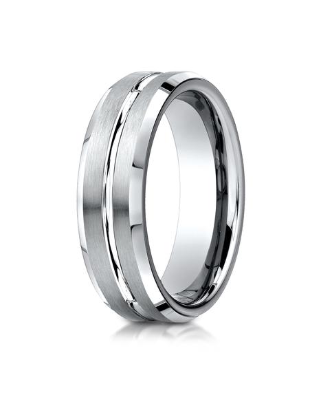 White gold 6mm Comfort-Fit Satin-Finished with High Polished Cut Carved Design Band