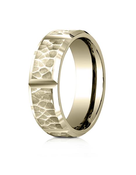 Yellow Gold 7mm Comfort-Fit Hammered Finish Grooved Carved Design Band