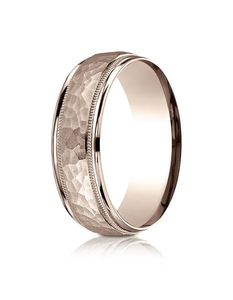 14K Rose Gold 7mm Comfort-Fit Hammered Cente Polished Edge And Millgrain Band