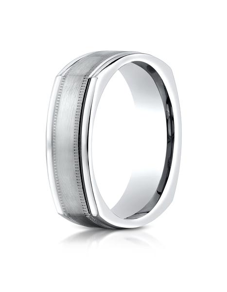 White Gold 7mm Comfort-Fit Satin-Finished with Milgrain Four-Sided Carved Design Band