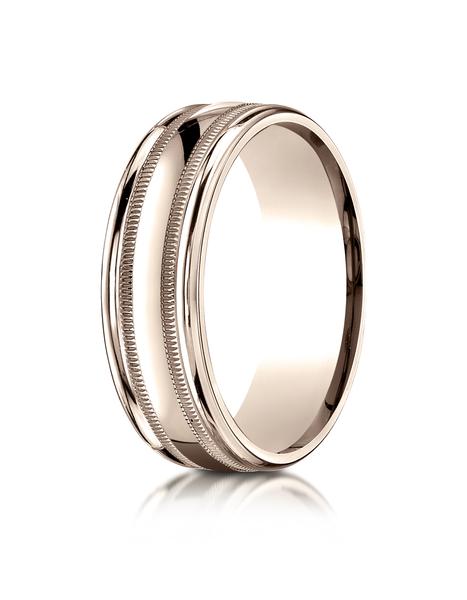 14k Rose Gold 7mm Comfort-Fit High Polished with Millgrain Round Edge Carved Design Band