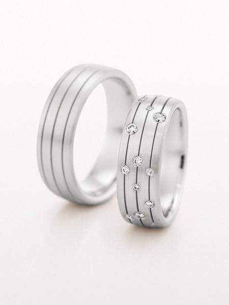 WEDDING RING MATTE FINISH WITH DIAMONDS AND GROOVES 7MM - RING ON RIGHT