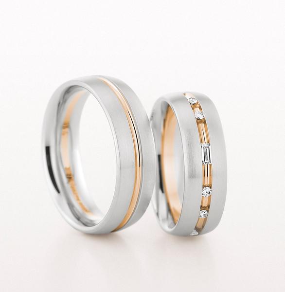 WEDDING RING SATIN FINISH WHITE WITH ROSE GOLD 65MM - RING ON LEFT
