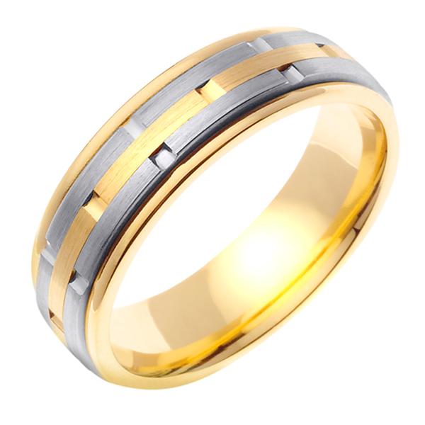 14KT YELLOW AND WHITE GOLD WEDDING RING BRICK PATTERN 65MM