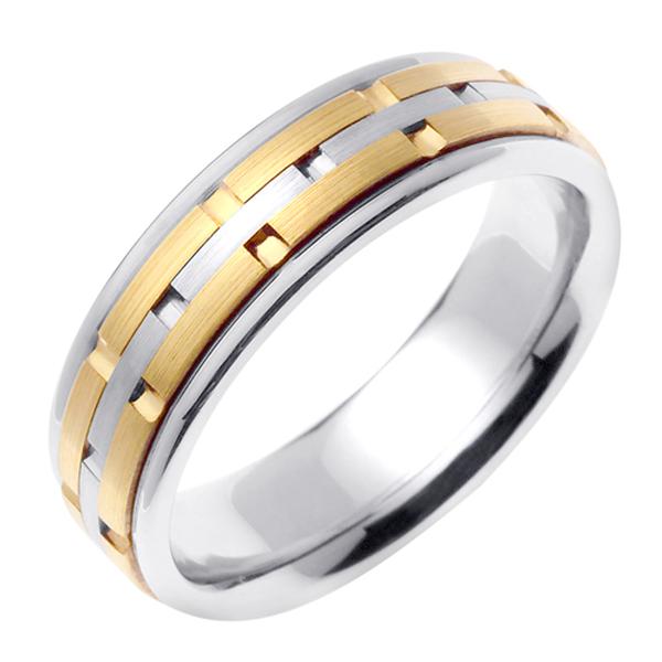 14KT WHITE AND YELLOW GOLD WEDDING RING BRICK PATTERN 65MM