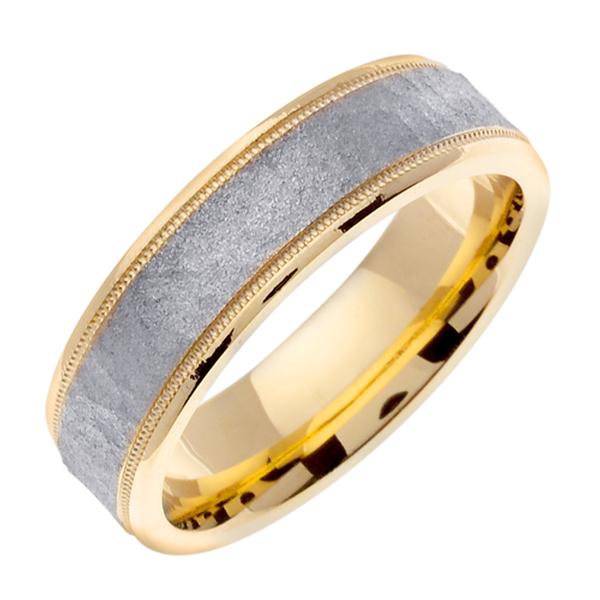 14KT TWO TONE WEDDING RING WITH HAMMERED CENTER 6MM