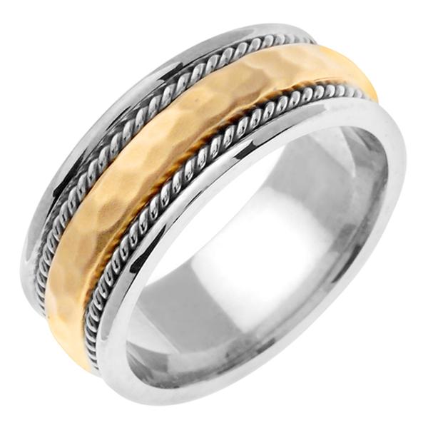 14KT TWO COLOR WEDDING RING HAMMERED CENTER WITH TWISTS 85MM