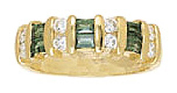 18K GOLD WEDDING RING TWO ROWS OF BAR SET EMERALDS AND DIAMONDS