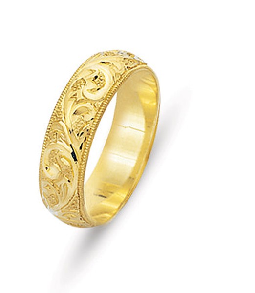 18KT HAND ENGRAVED WEDDING RING WITH SCROLL DESIGN 6MM