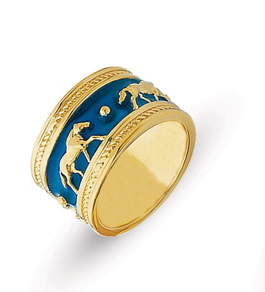 18K GOLD BYZANTINE STYLE WEDDING RING WITH BLUE ENAMEL AND HORSE MOTIF 12MM