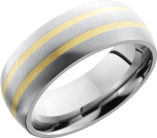 Titanium 8mm domed band with 2, 1mm inlays of 14K yellow gold