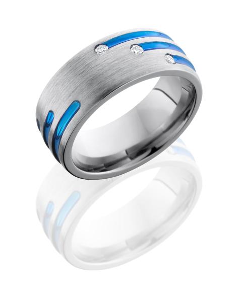 Titanium 8mm Domed Band with Blue Anodized Stripes and Flush Set White Round Diamonds