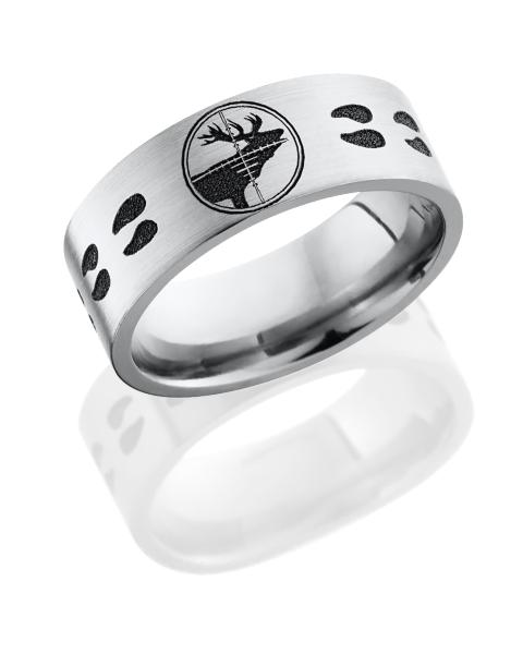 Titanium 8mm flat band with elk target design and elk tracks circling the band