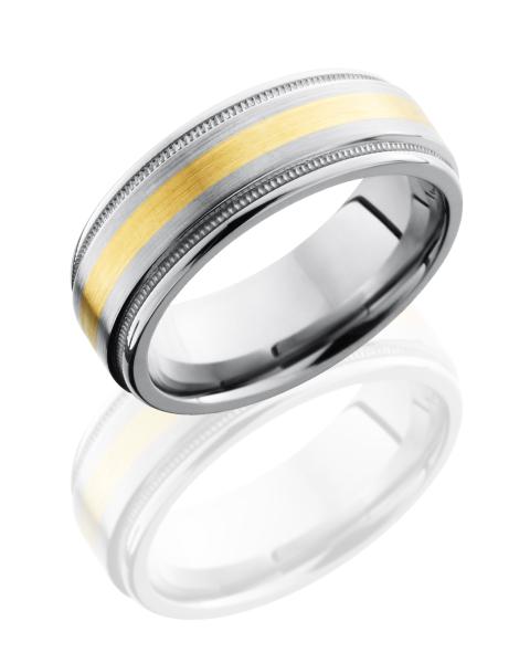 Titanium 8mm Flat Band with Rounded Edges, Milgrain, and 2mm 14KY