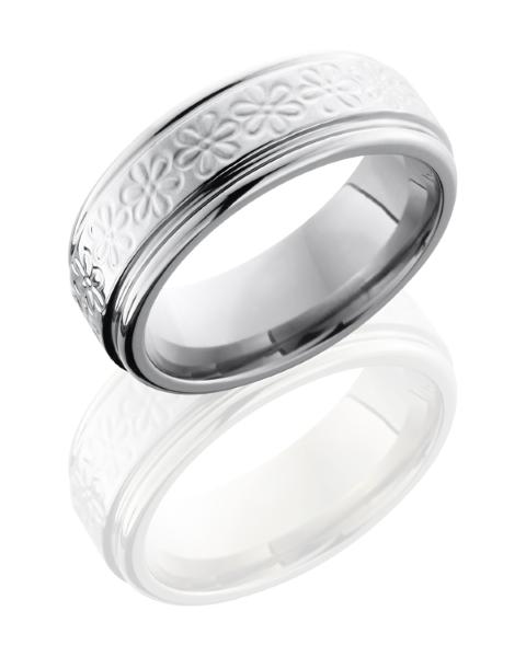 Titanium 8mm Flat Band with Rounded Edges and Flower Pattern