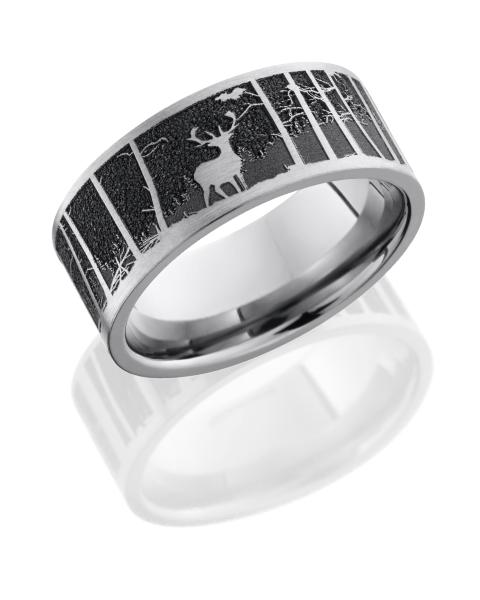 Titanium 9mm flat band with a laser carved elk pattern with mountain background