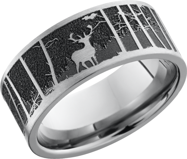 Titanium 9mm flat band with a laser-carved elk mountain pattern