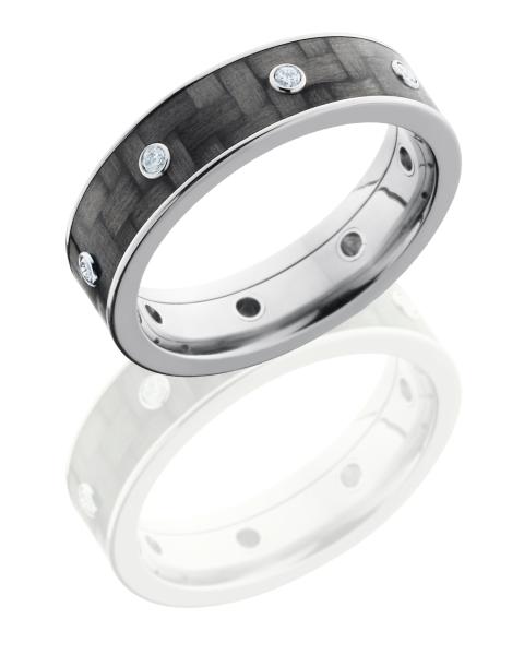 Titanium 6mm Flat Band with 5mm Carbon Fiber inlay and Eight .03ct Diamonds - TCW .24