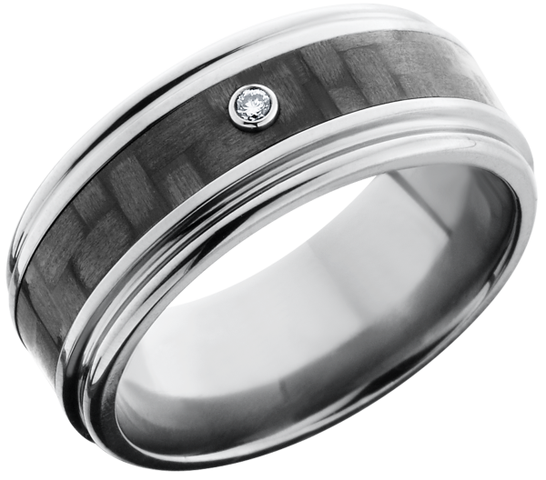 Titanium 9mm flat band with rounded edges and a 4mm inlay of black Carbon Fiber with a bezel-set white diamond accent