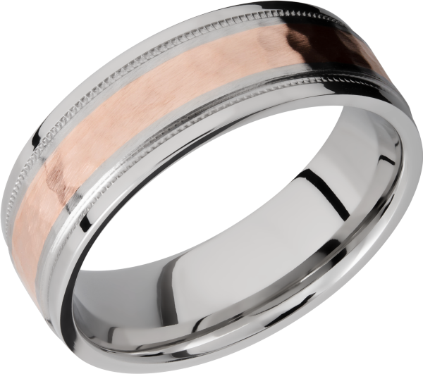 Cobalt chrome 7.5mm flat band with grooved edges and reverse milgrain detail and inlay of 14K rose gold