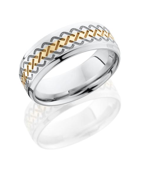 Cobalt Chrome 8mm Flat Band with Beveled Edges, 2mm 14K Yellow Gold inlay and Laser Carved Celtic Pattern