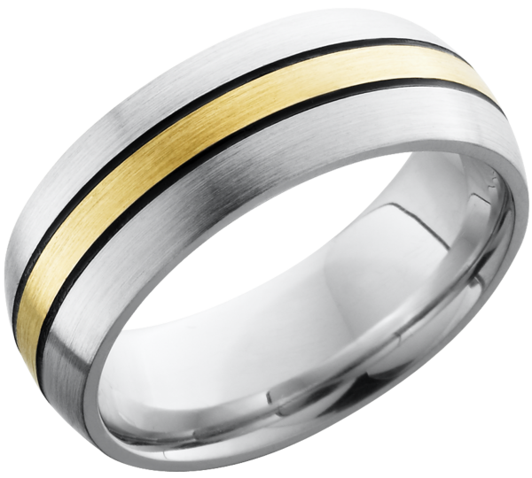 Cobalt chrome 8mm domed band with a 2mm inlay of 14K yellow gold and antiquing on either side