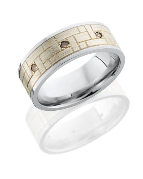 Cobalt Chrome 8mm flat band has 6mm Sterling Silver center with tile work pattern and three .03ct Chocolate Diamonds