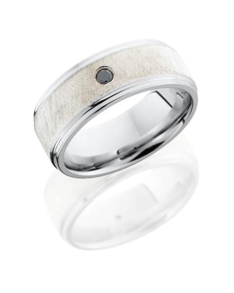 Cobalt Chrome 8mm flat band with grooved edges with 5mm Sterling Silver center and a .03ct Black Diamond