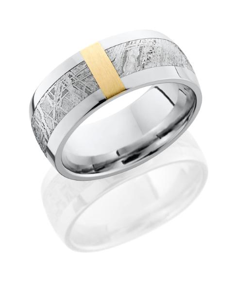 Cobalt Chrome 9mm Domed Band with 5mm Meteorite inlay and 3mm 14K Yellow Gold Vertical inlay