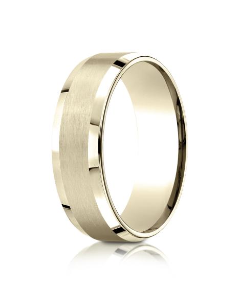 Yellow Gold 7mm Comfort-Fit Satin-Finished with High Polished Beveled Edge Carved Design