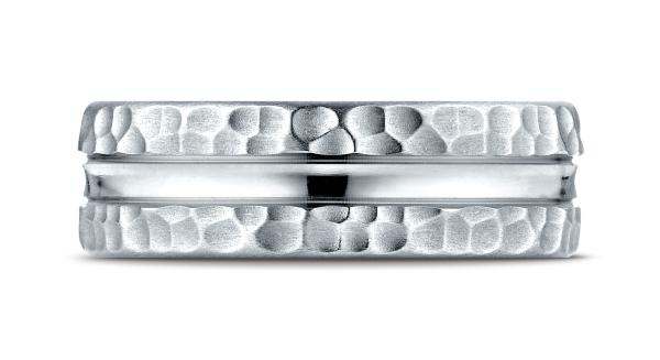 White Gold 7.5mm Comfort Fit Hammered Finish Center Cut Design Band