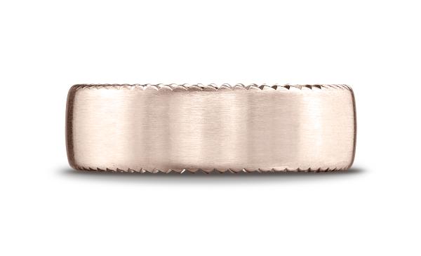 14k Rose Gold 7.5mm Comfort-Fit Satin-Finished Rivet Coin Edging Carved Design Band
