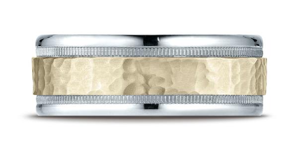 14k Yellow And White 8mm Comfort-Fit Hammered-Finished with Millgrain Carved Design Band