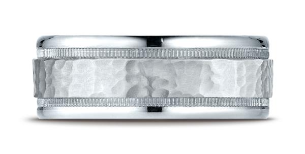 White Gold 8mm Comfort-Fit Hammered Center High Polish Round Edge And Millgrain Band