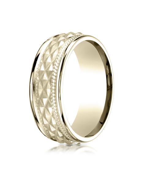 14K Yellow Gold 8mm Comfort Fit Round Edge Cross Hatch Patterned Band