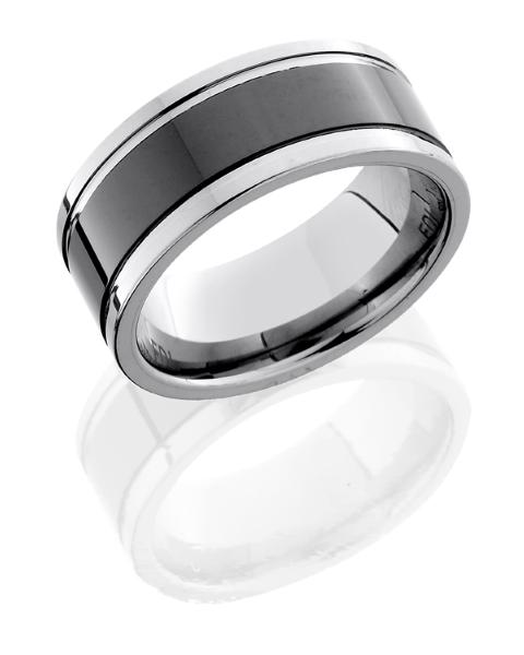 Tungsten and Ceramic 9mm Bright Flat Band with Grooves
