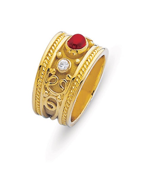 18K YELLOW GOLD BYZANTINE STYLE RING WITH RUBY AND DIAMONDS