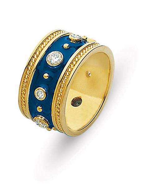 18K GOLD BYZANTINE STYLE WEDDING RING WITH BLUE ENAMEL AND BEZEL SET DIAMONDS 10MM