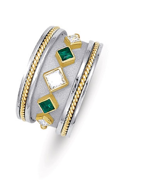 18K TWO TONE GOLD BYZANTINE STYLE WEDDING RING WITH SQUARE EMERALDS AND DIAMONDS