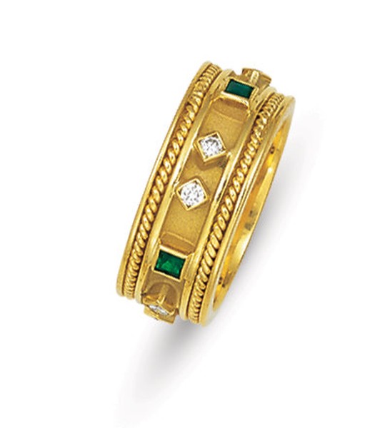 18K GOLD ETRUSCAN STYLE WEDDING RING WITH EMERALDS AND DIAMONDS