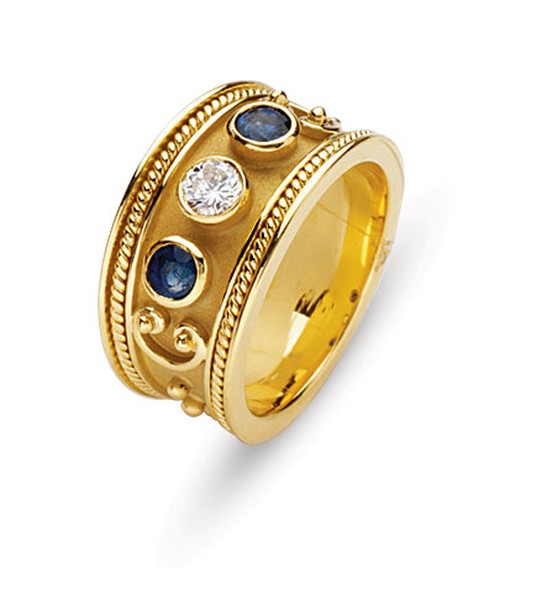 18KT GOLD ETRUSCAN STYLE WEDDING RING WITH ROUND DIAMOND AND SAPPHIRES