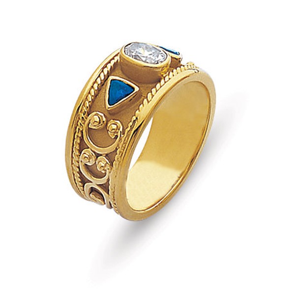 18K GOLD ETRUSCAN STYLE RING OVAL DIAMOND AND SAPPHIRES