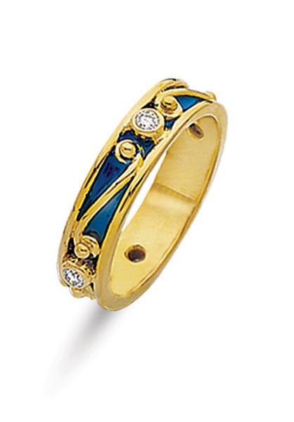 18K GOLD BYZANTINE STYLE WEDDING RING WITH BLUE ENAMEL AND BEZEL SET DIAMONDS