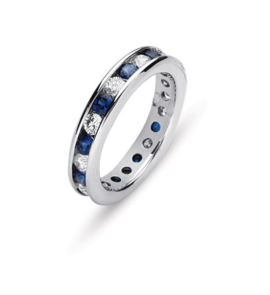 14K GOLD ETERNITY WEDDING RING WITH CHANNEL SET SAPPHIRES AND DIAMONDS