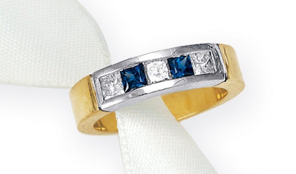 14K GOLD WEDDING RING WITH CHANNEL SET PRINCESS CUT SAPPHIRES AND DIAMONDS
